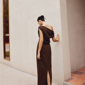 Cotton & Linen Asymmetrical Neck Dress brown size small